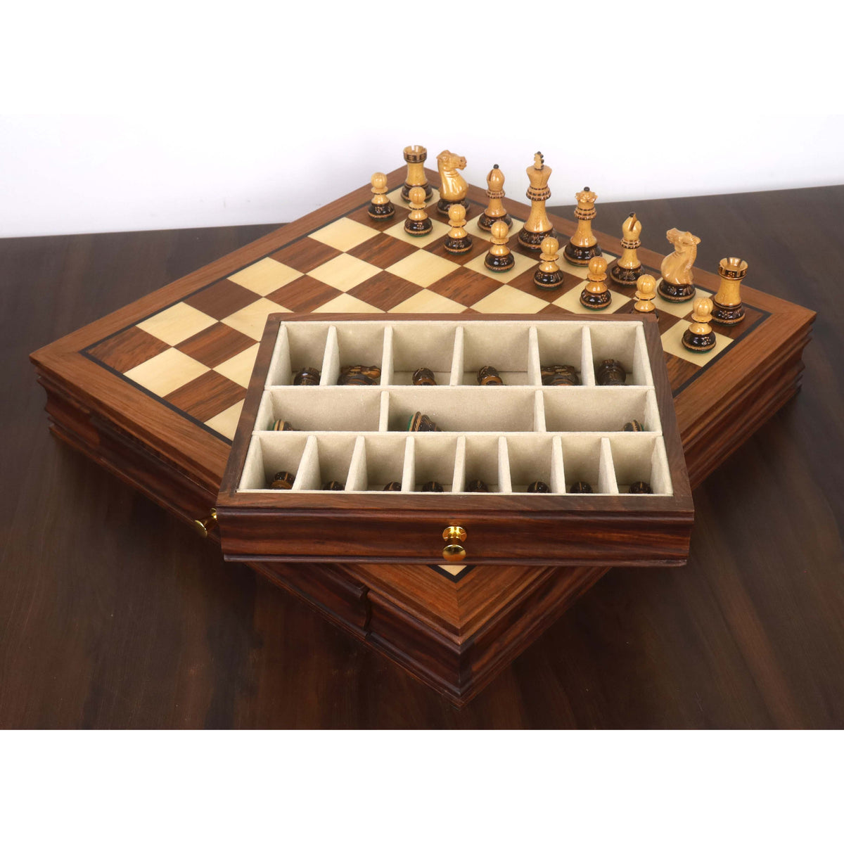 Golden rosewood chess board with empty velvet-lined storage drawer, 20-inch size.