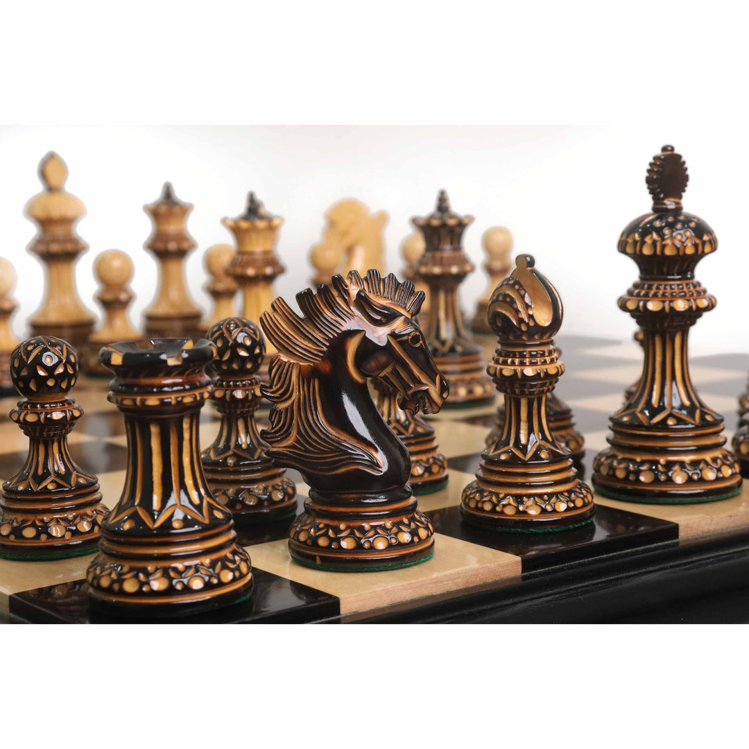 Slightly Imperfect Alexandria Luxury Staunton Burnt Carving Chess Set- Chess Pieces Only - Triple Weighted - Lacquered Boxwood