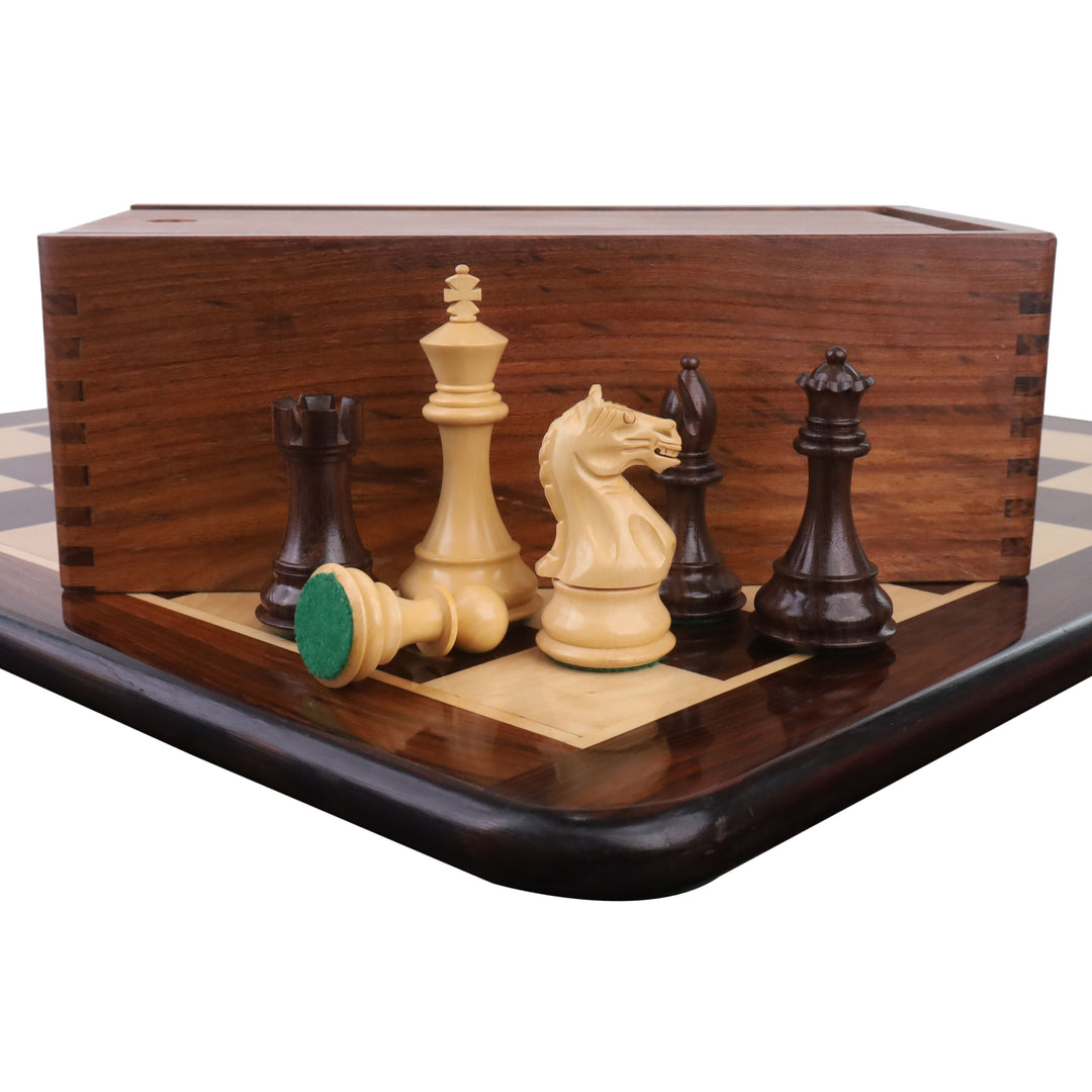 Weighted rosewood Fierce Knight chess pieces displayed with a wooden storage box.