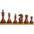 Six golden rosewood Fierce Knight Staunton chess pieces lined up from King to Pawn.