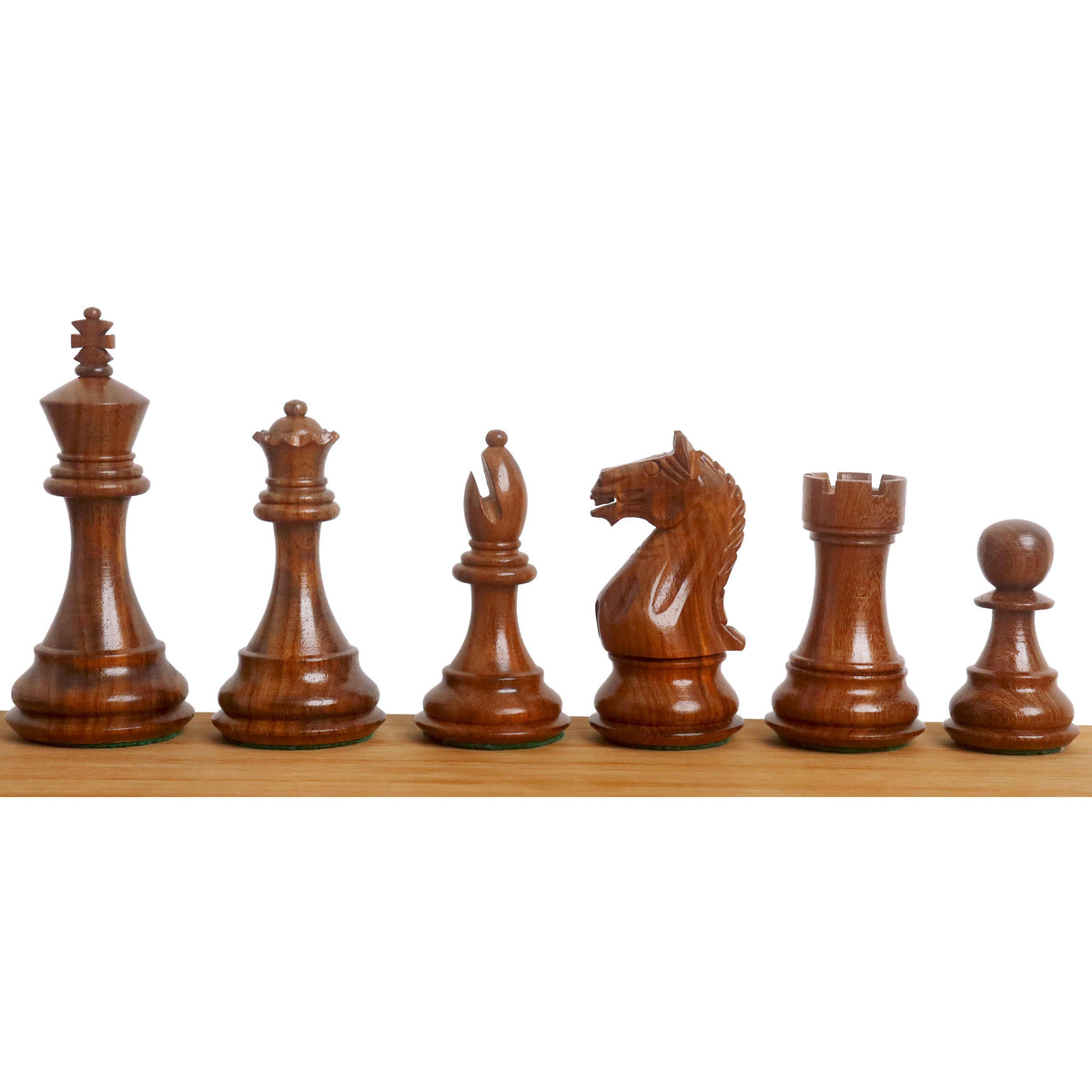 Six golden rosewood Fierce Knight Staunton chess pieces lined up from King to Pawn.