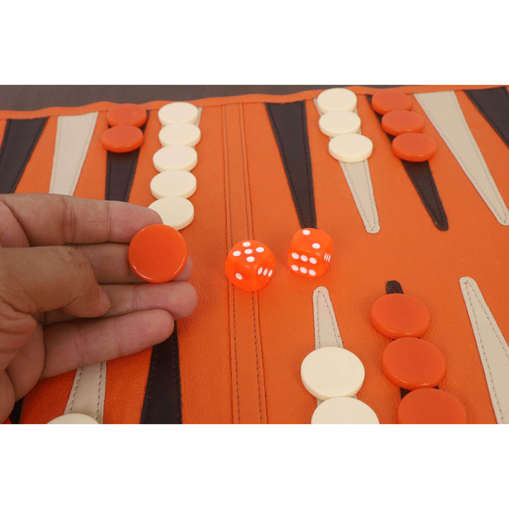 Handcrafted Roll-Up Leatherette Backgammon Set – Portable Travel Board Game in Orange Finish