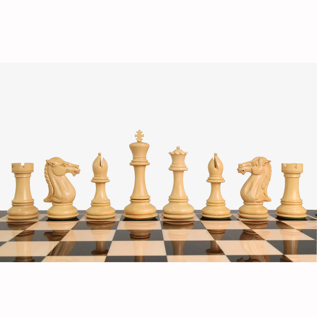 Front view of golden rosewood major chess pieces positioned on the board.