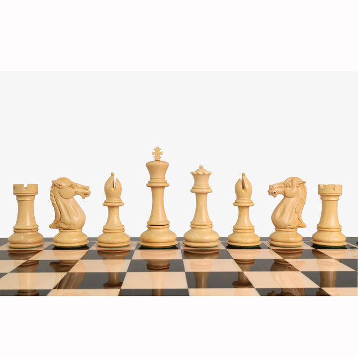 Front view of golden rosewood major chess pieces positioned on the board.