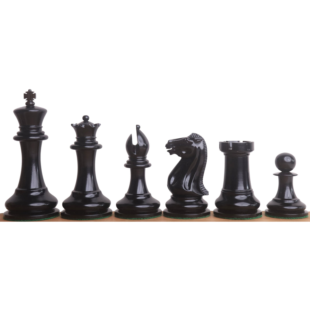 1849 Original Staunton Chess Set Combo - Brikker i lakeret, antikt buksbomtræ og ibenholt med bræt og æske