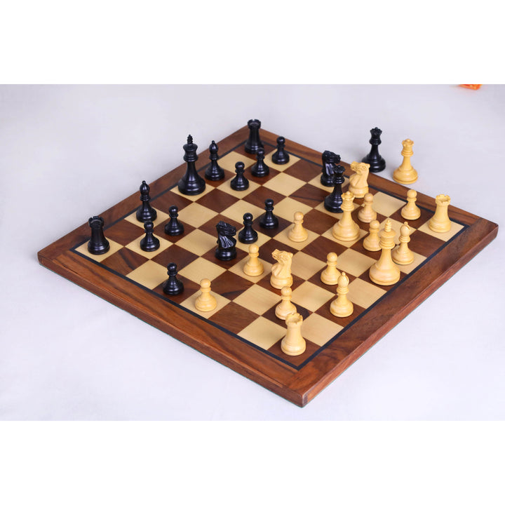 Mid-game layout of ebonised and boxwood Staunton chess pieces on a 12-inch magnetic board.