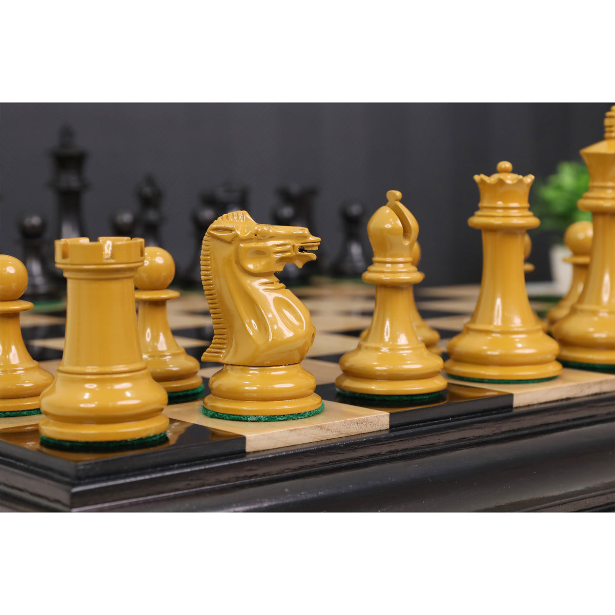 Macro shot of boxwood 1849 Jacques Cook Staunton knight chess piece