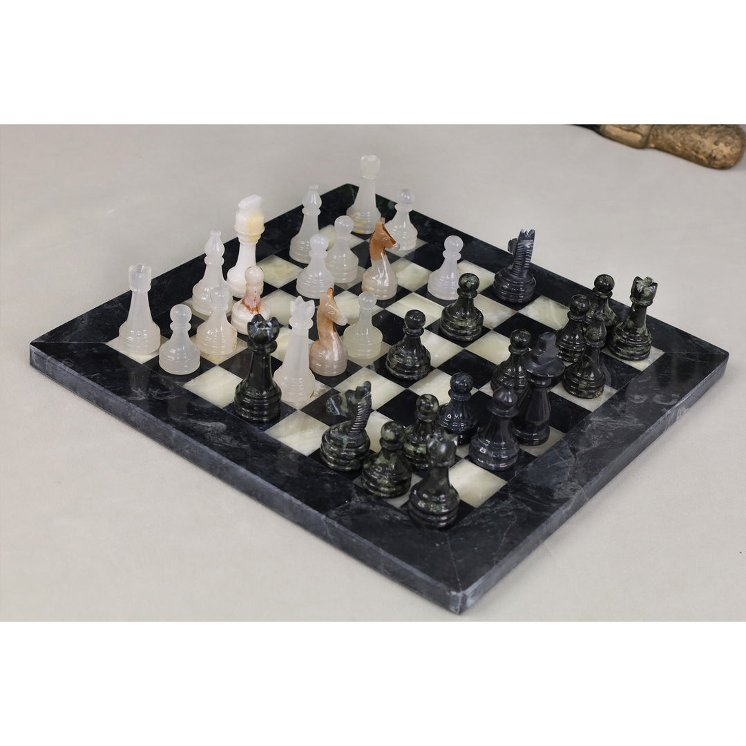 Slightly Imperfect Onyx Marble Chess Pieces & Board Combo Set - 12" - Black and White Stone