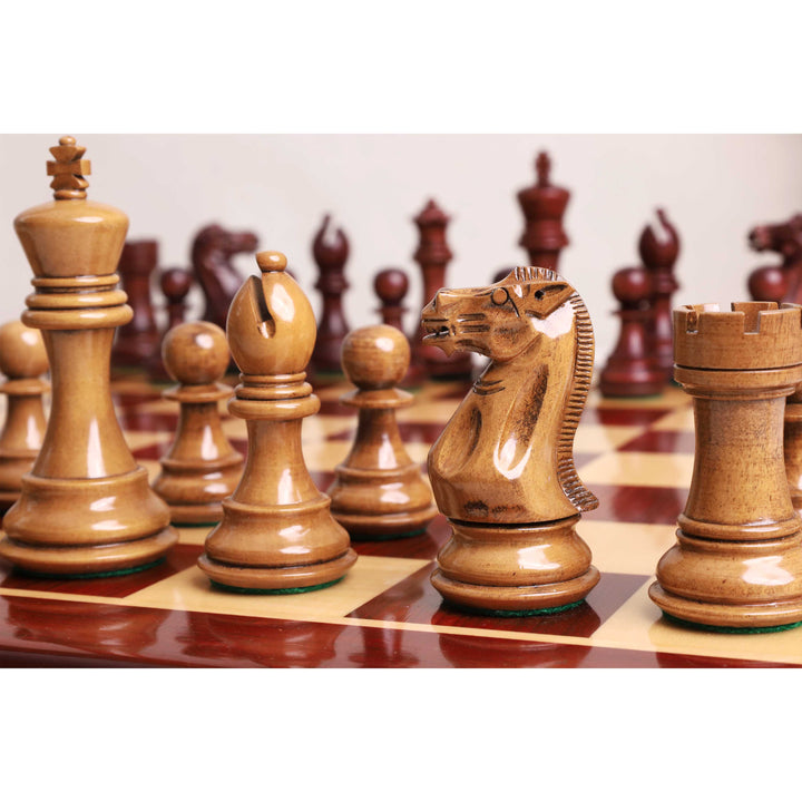 4.1" Pro Staunton Weighted Wooden Chess Set- Chess Pieces Only - Lacquered Distress Antiqued Boxwood & Mahogany Stained Boxwood
