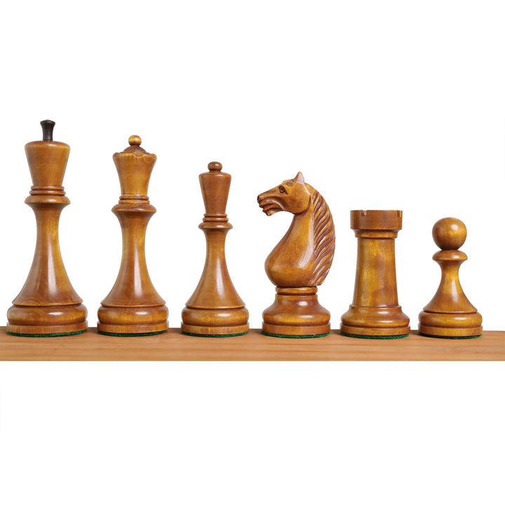 Front view of light Botvinnik Flohr II Soviet reproduction chess pieces handcrafted in acacia wood.