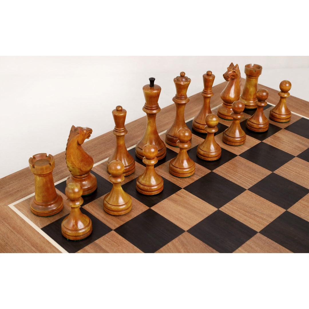 Light Botvinnik Flohr II chess pieces arranged on a handcrafted ebony and acacia wood chessboard.