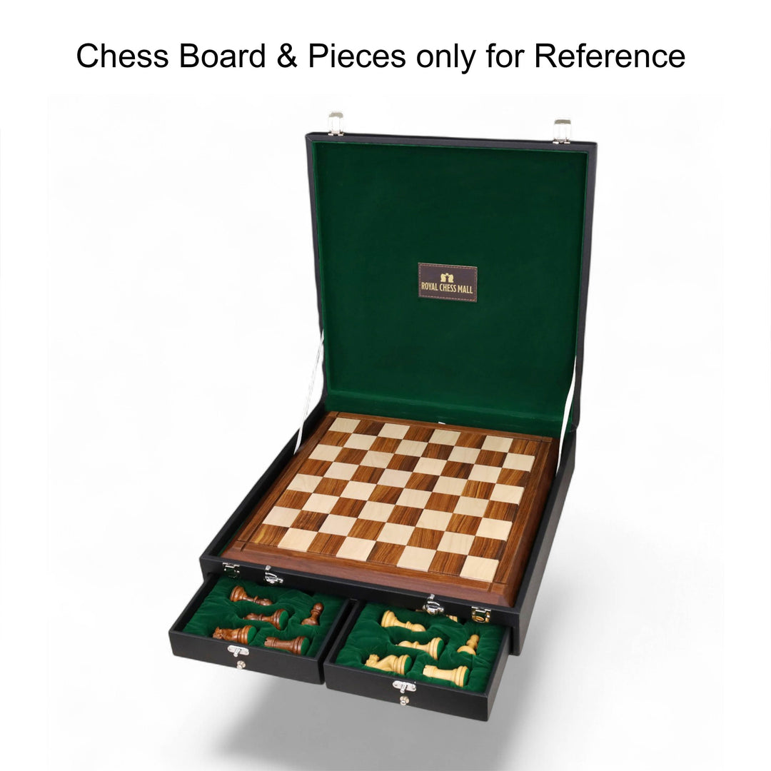 Premium leatherette chess storage case shown with a flat chess board and chess pieces for size reference only.