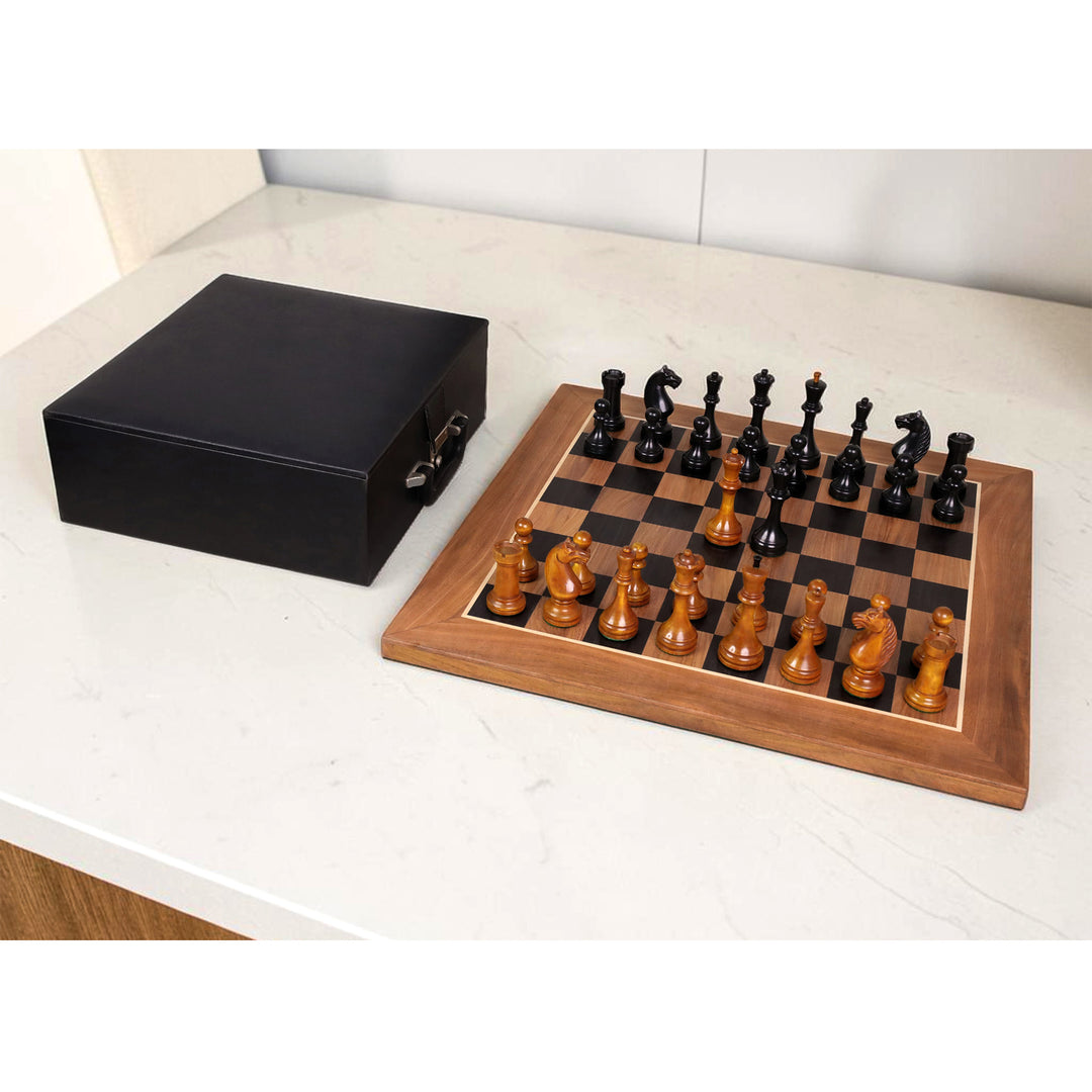 Complete Botvinnik Flohr II Soviet chess set with handcrafted wooden chessboard and leatherette storage box.
