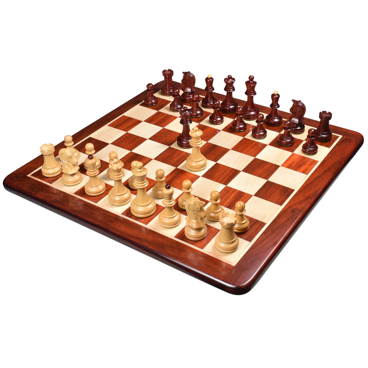 Complete 3.8 inch Dubrovnik chess set with pieces on a wooden board.