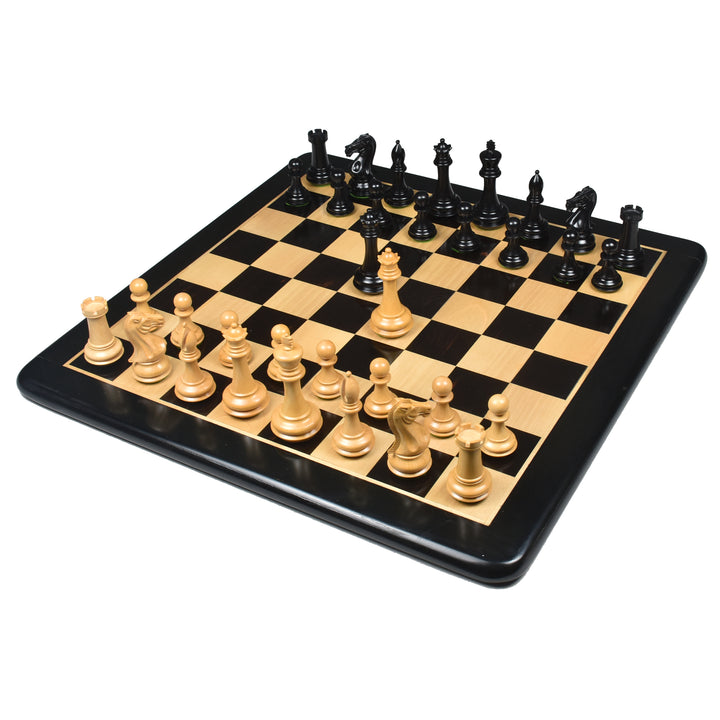 Piezas de ajedrez de madera de ébano Staunton con base biselada de 4,1" y tablero de ajedrez de madera maciza de ébano y arce de 21" a elección del jugador - acabado mate y caja de almacenamiento de piezas de ajedrez de palisandro dorado