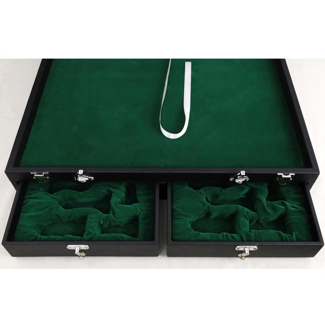 Dual velvet-lined storage drawers with individual compartments for organizing chess pieces up to 4.6 inch king height.