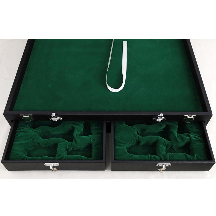 Dual velvet-lined storage drawers with individual compartments for organizing chess pieces up to 4.6 inch king height.