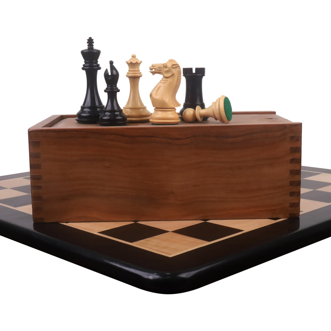 Pièces d'échecs en bois d'ébène de luxe Staunton 4" avec échiquier 21" en bois d'ébène et d'érable - finition mate et boîte de rangement pour pièces d'échecs en bois de rose doré