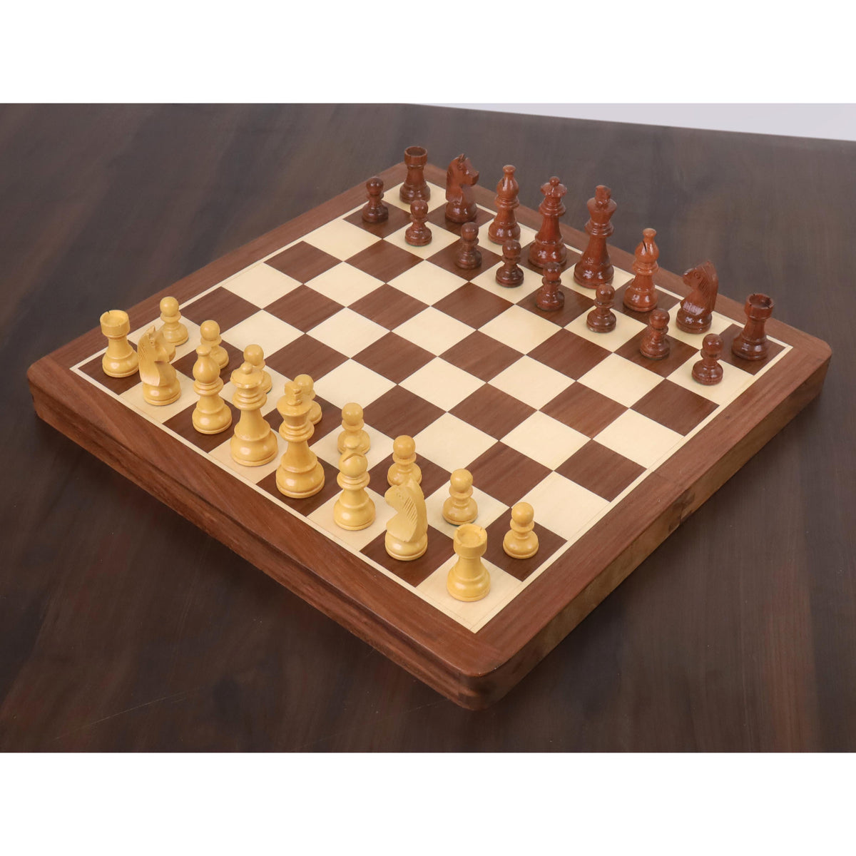14-inch 2-in-1 magnetic travel chess and backgammon set in golden rosewood and bud rosewood.