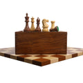 Golden Rosewood Staunton chess set combo with pieces arranged on the storage box and board.