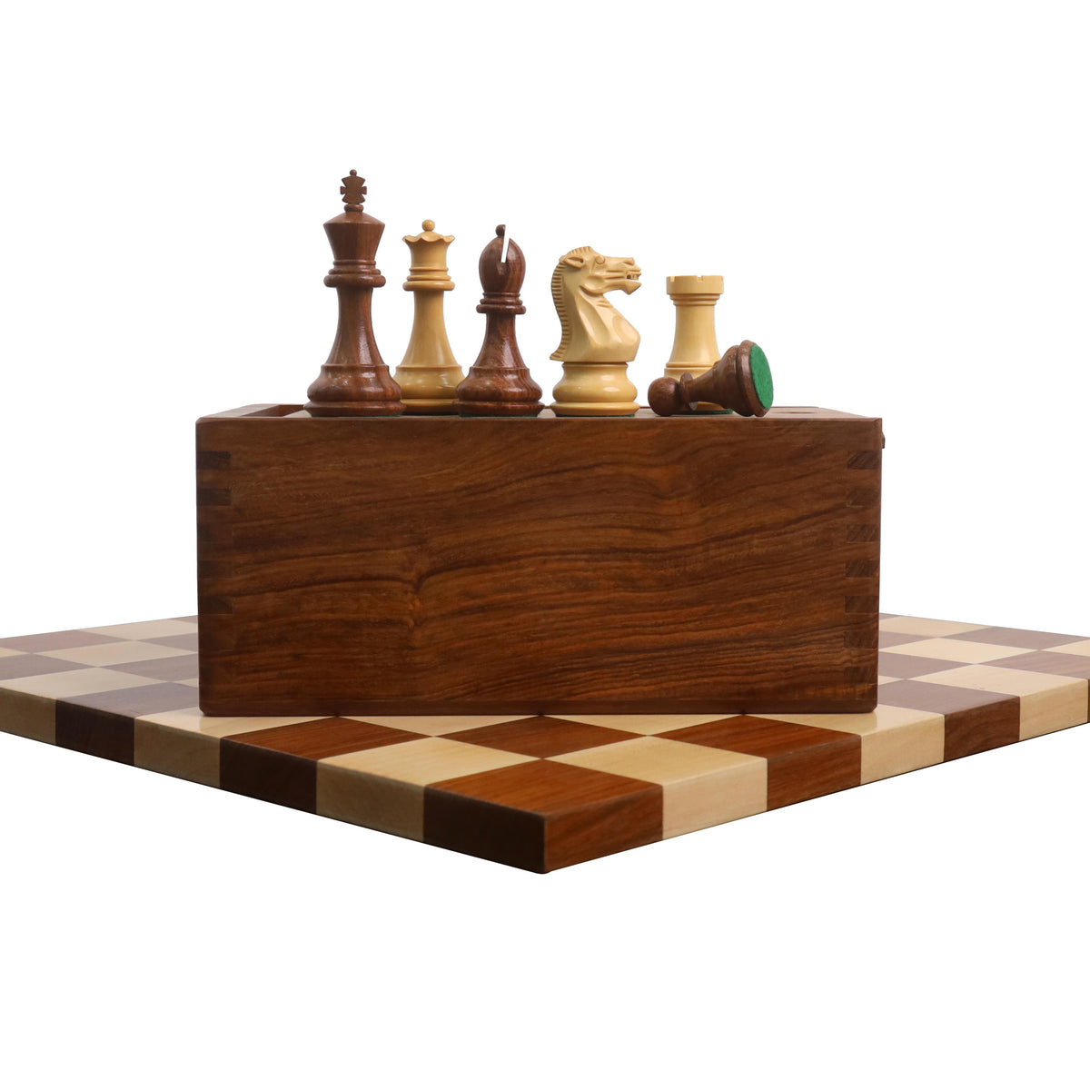 Golden Rosewood Staunton chess set combo with pieces arranged on the storage box and board.