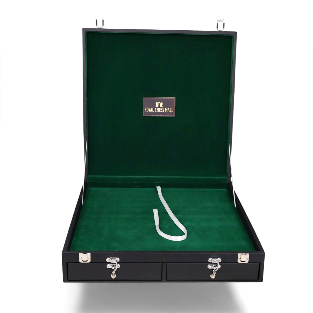 Front view of the premium leatherette chess storage case with spacious board compartment and dual piece storage drawers.
