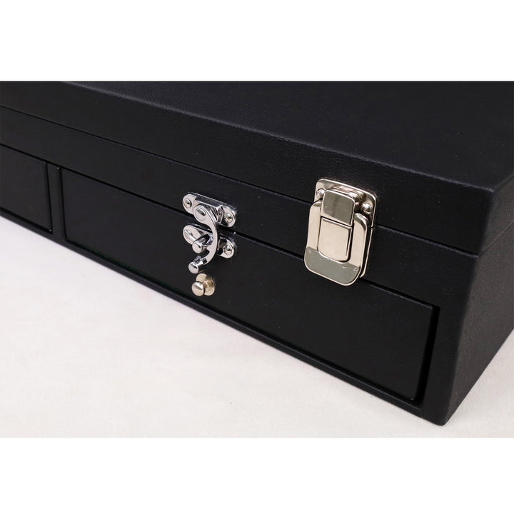 Close-up of premium metal latches and secure locking hardware on the leatherette chess storage case.