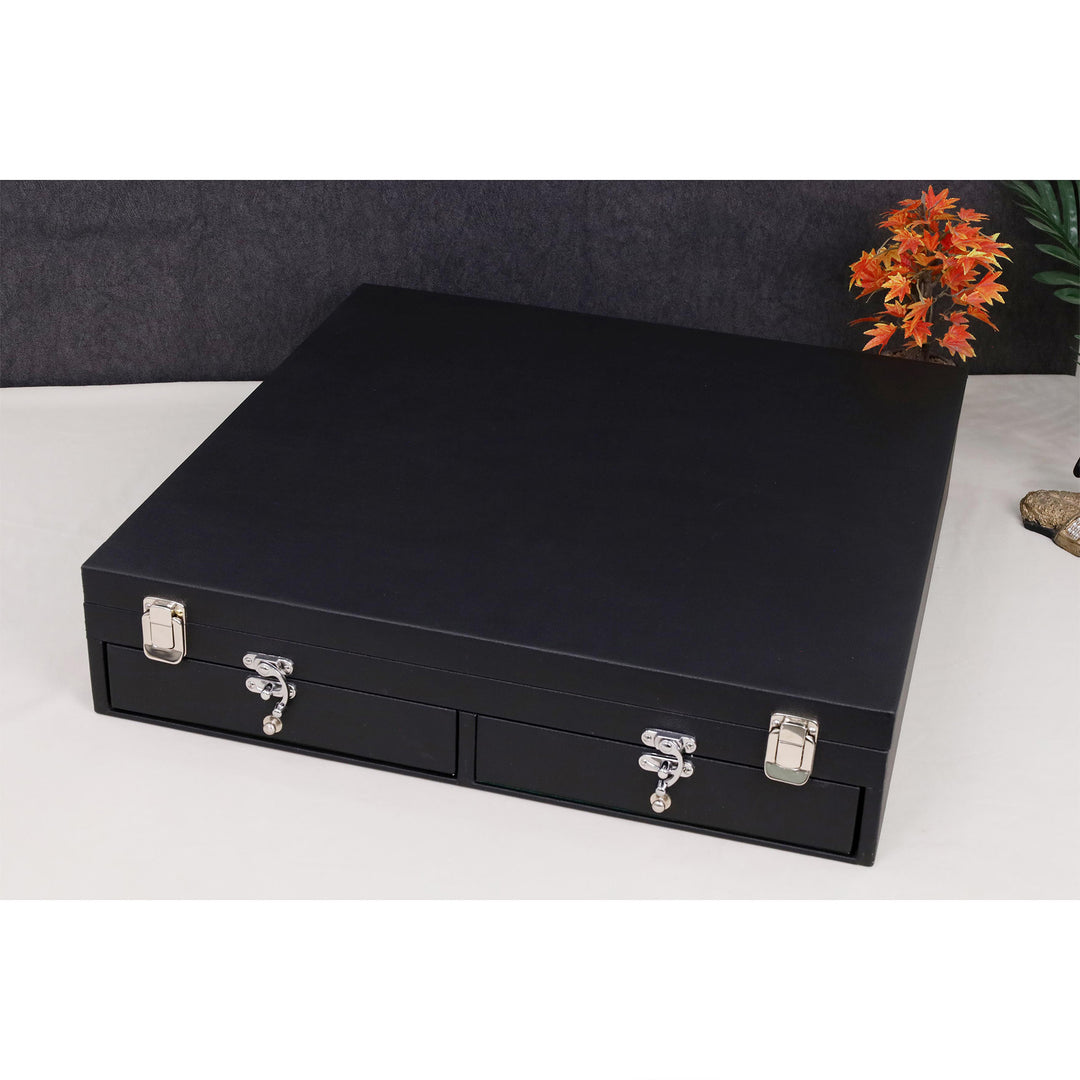 Closed premium leatherette chess storage case with dual storage drawers and secure metal latches.
