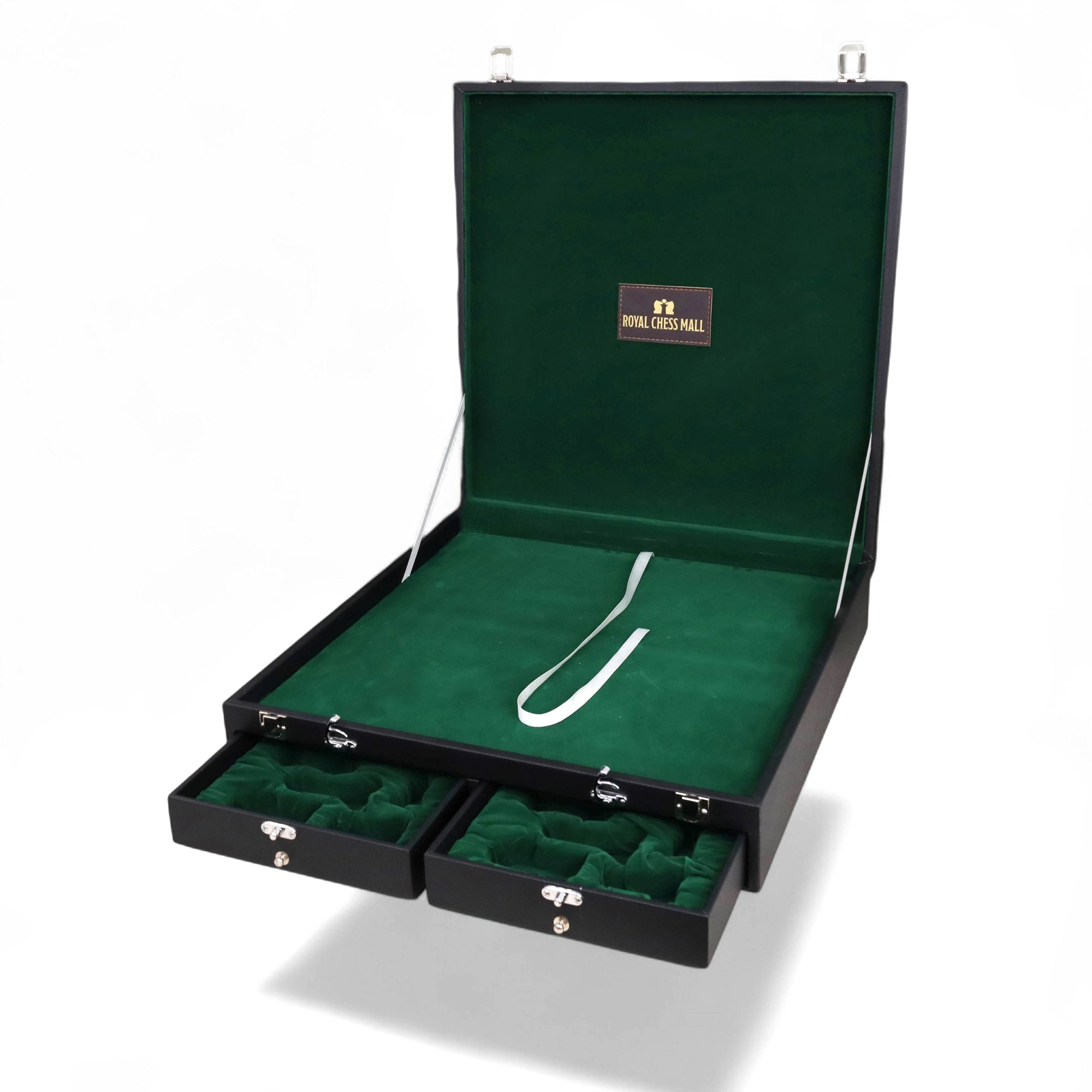 Premium leatherette chess storage case with soft green felt interior designed for 18 to 21 inch flat chess boards and 4 to 4.6 inch chess pieces.