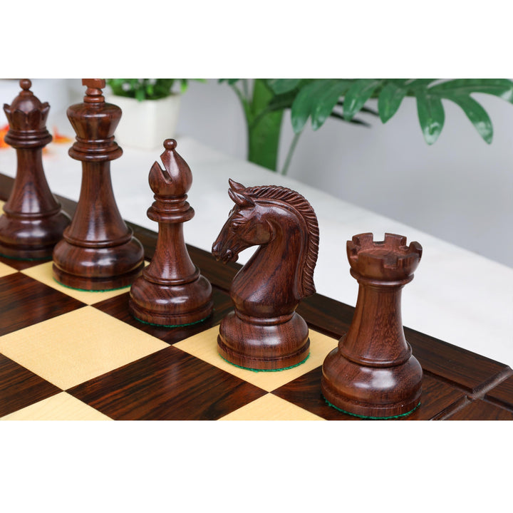 Close-up of the carved rosewood knight and rook from the Sovereign Crown Staunton chess set