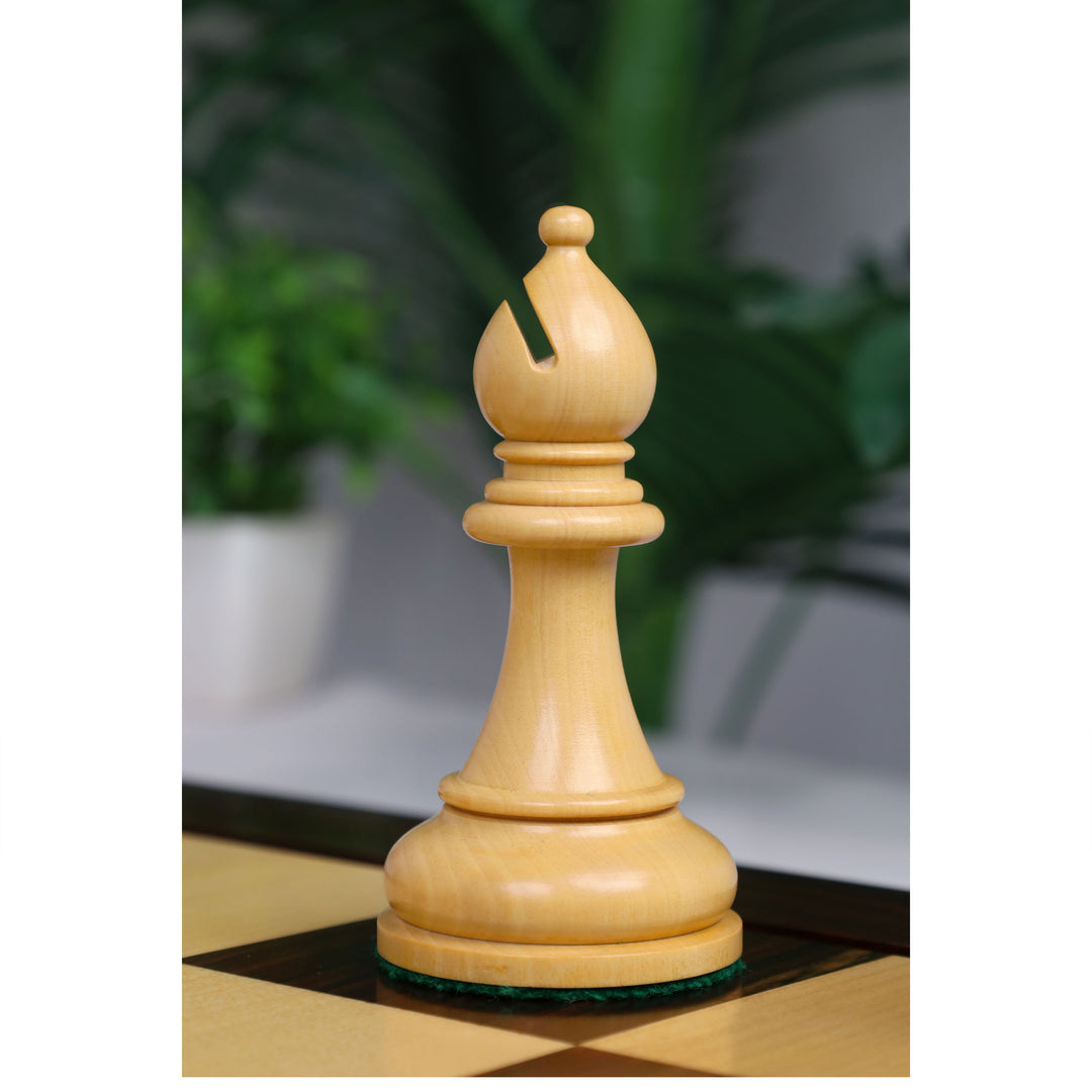 Detailed view of the natural boxwood bishop with a smooth polished body and traditional Staunton silhouette