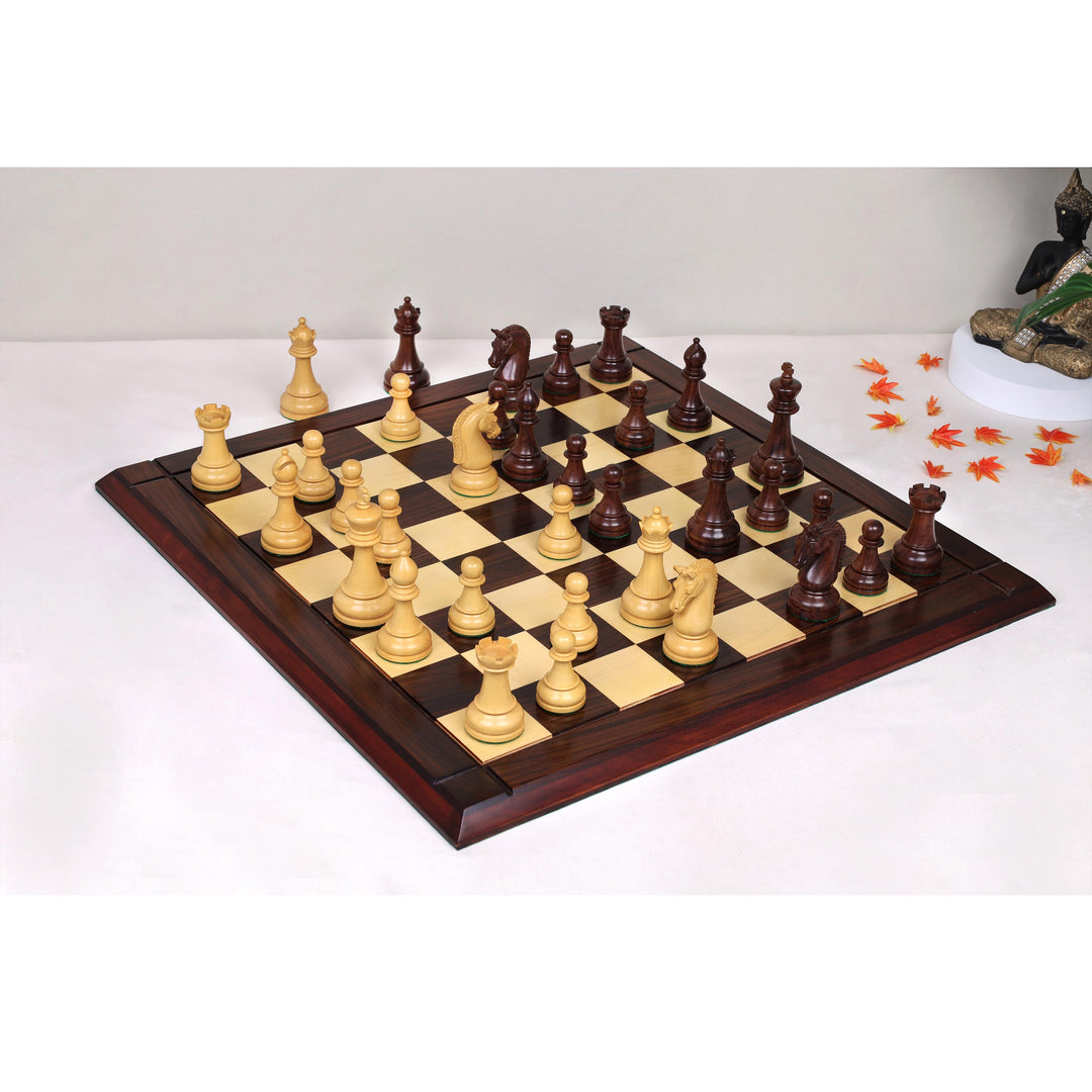 Full chessboard view featuring the Sovereign Crown luxury Staunton chess set in contrasting light and dark wood tones