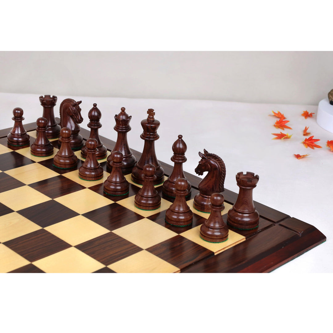 Luxury Sovereign Crown chess pieces arranged on a rosewood and maple chessboard in a classic playing setup