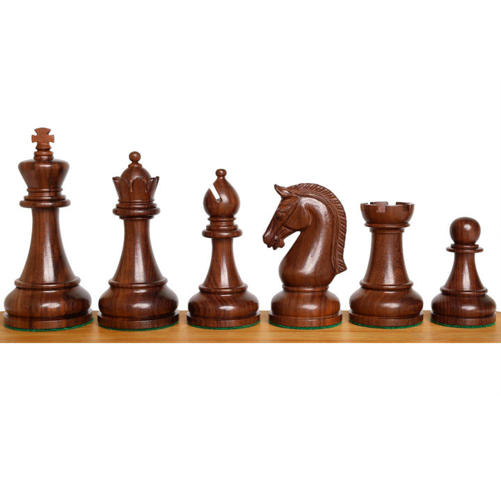 Full lineup of dark rosewood Sovereign Crown Staunton chess pieces featuring a distinctive king, queen, bishop, knight and rook