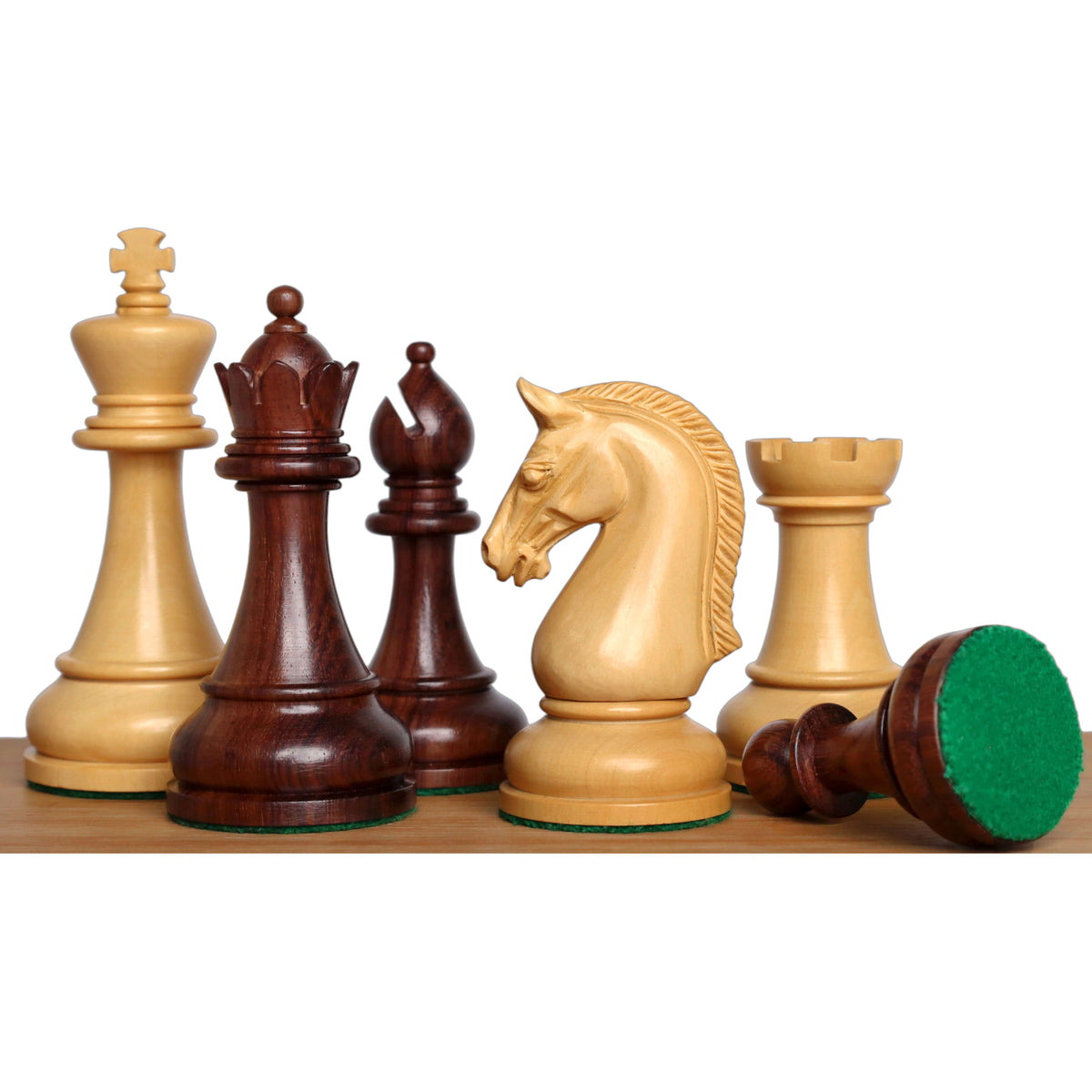 Sovereign Crown luxury Staunton chess pieces in natural boxwood and rosewood with distinctive crowned queen and carved knight