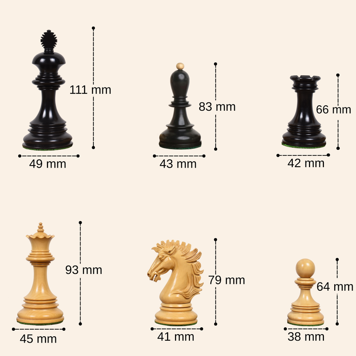 Sizing chart for Alexandria Staunton chess pieces showing base diameter and height in millimeters.