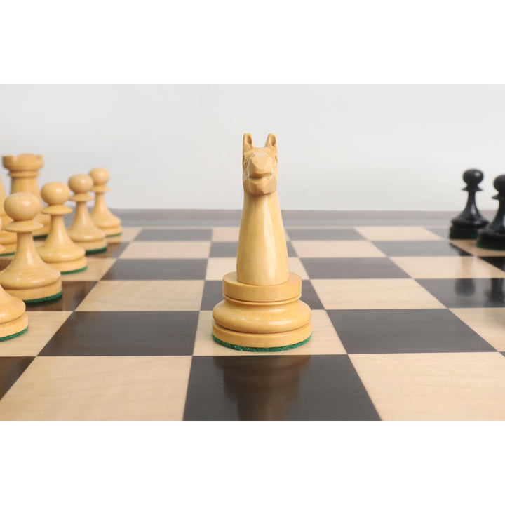 Front view of a hand-carved boxwood knight from the American Chess Company reproduction set.