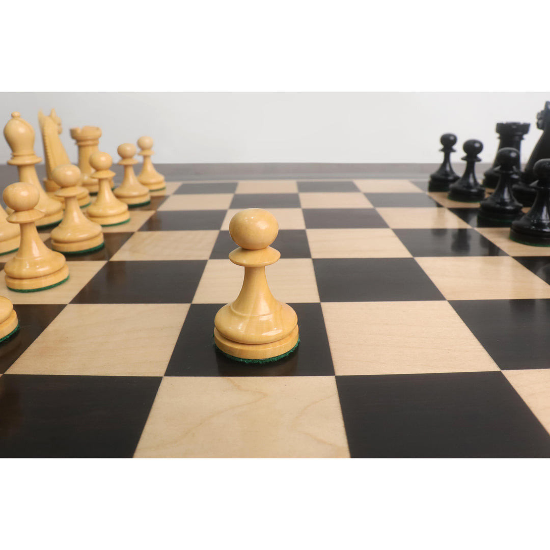 Close-up of a 1900s American reproduction boxwood pawn on a wooden chessboard.