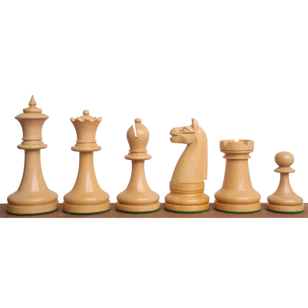 Lineup of boxwood chess pieces from the 1900s American Chess Company reproduction set.