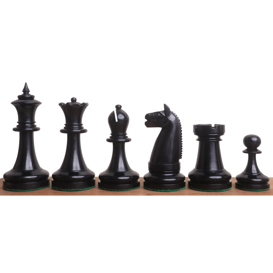 Polished ebony chess pieces from the 1900s American Chess Company reproduction series.