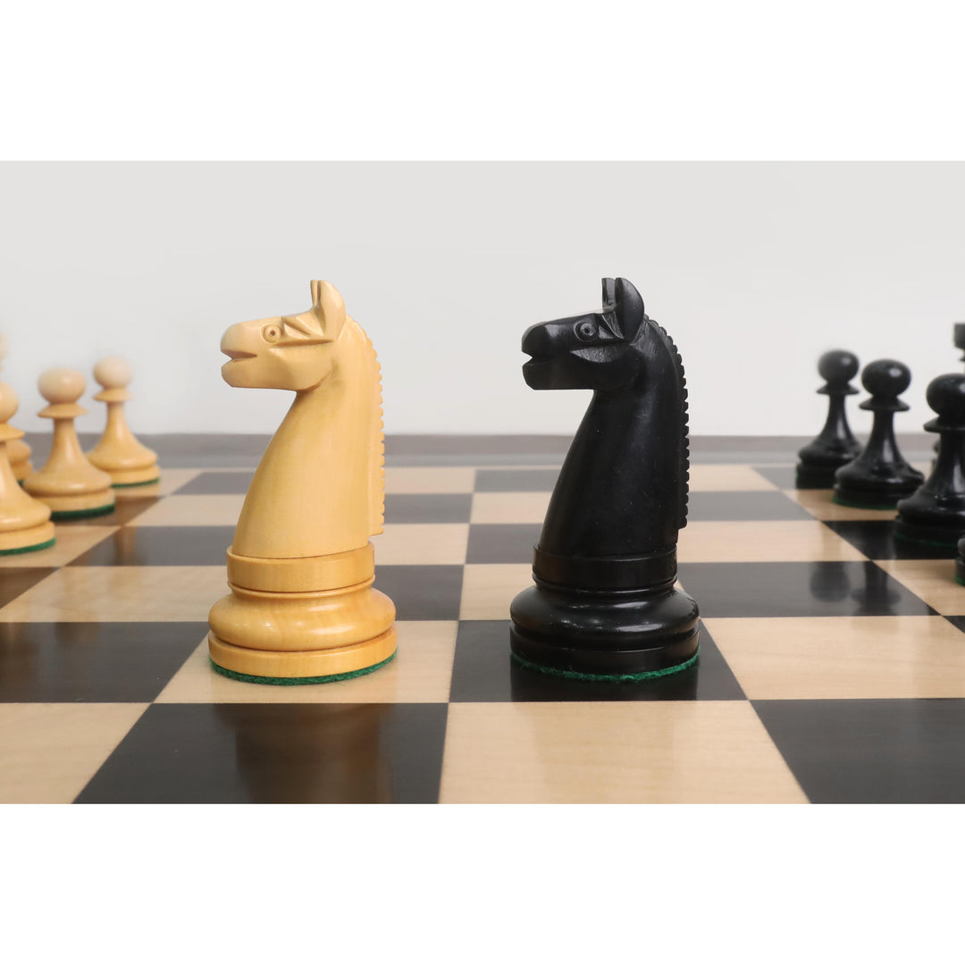 Detailed side profile of ebony and boxwood knights from the 1900s American reproduction set.