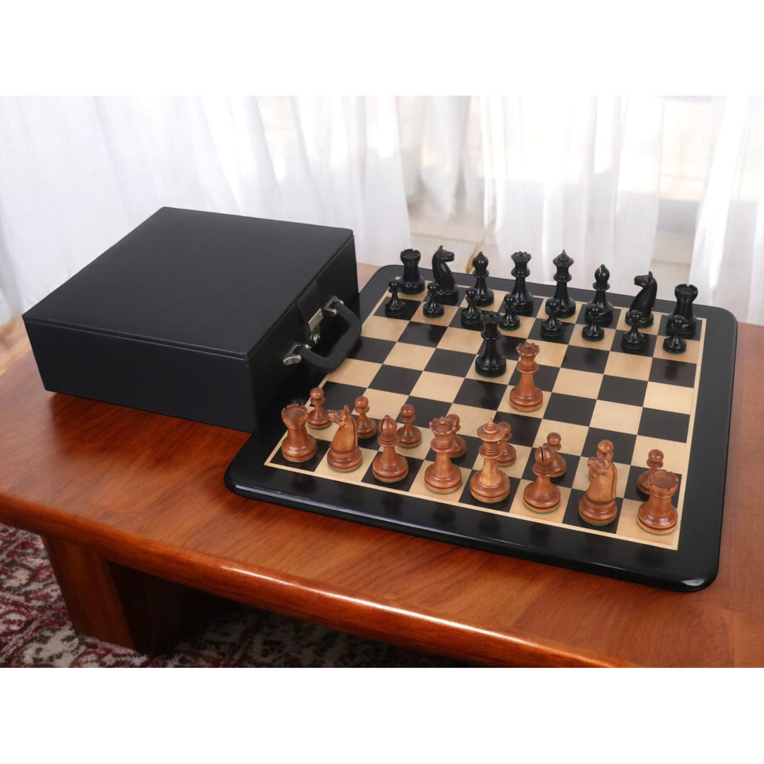 Full reproduction chess set on a board next to a premium black leatherette carrying case.