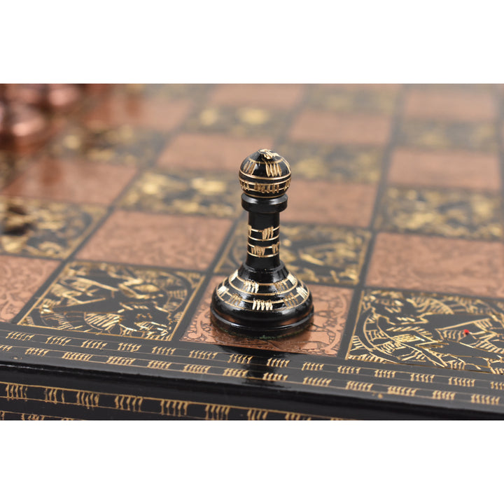 Detailed view of a black and gold finished metal pawn on a luxury brass chess board edge.