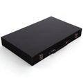 Exterior view of a black leatherette backgammon briefcase with a crocodile-textured finish.