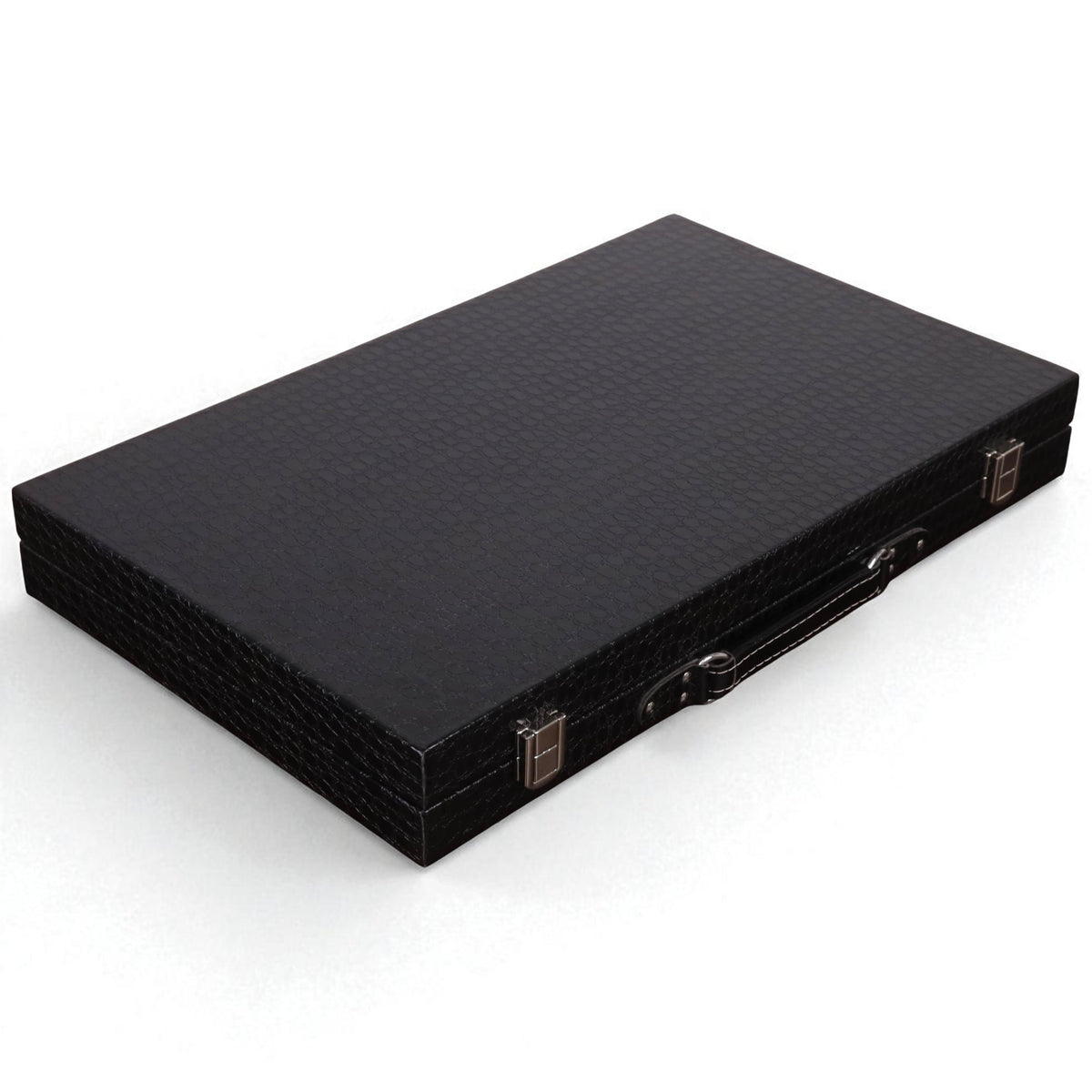 Exterior view of a black leatherette backgammon briefcase with a crocodile-textured finish.