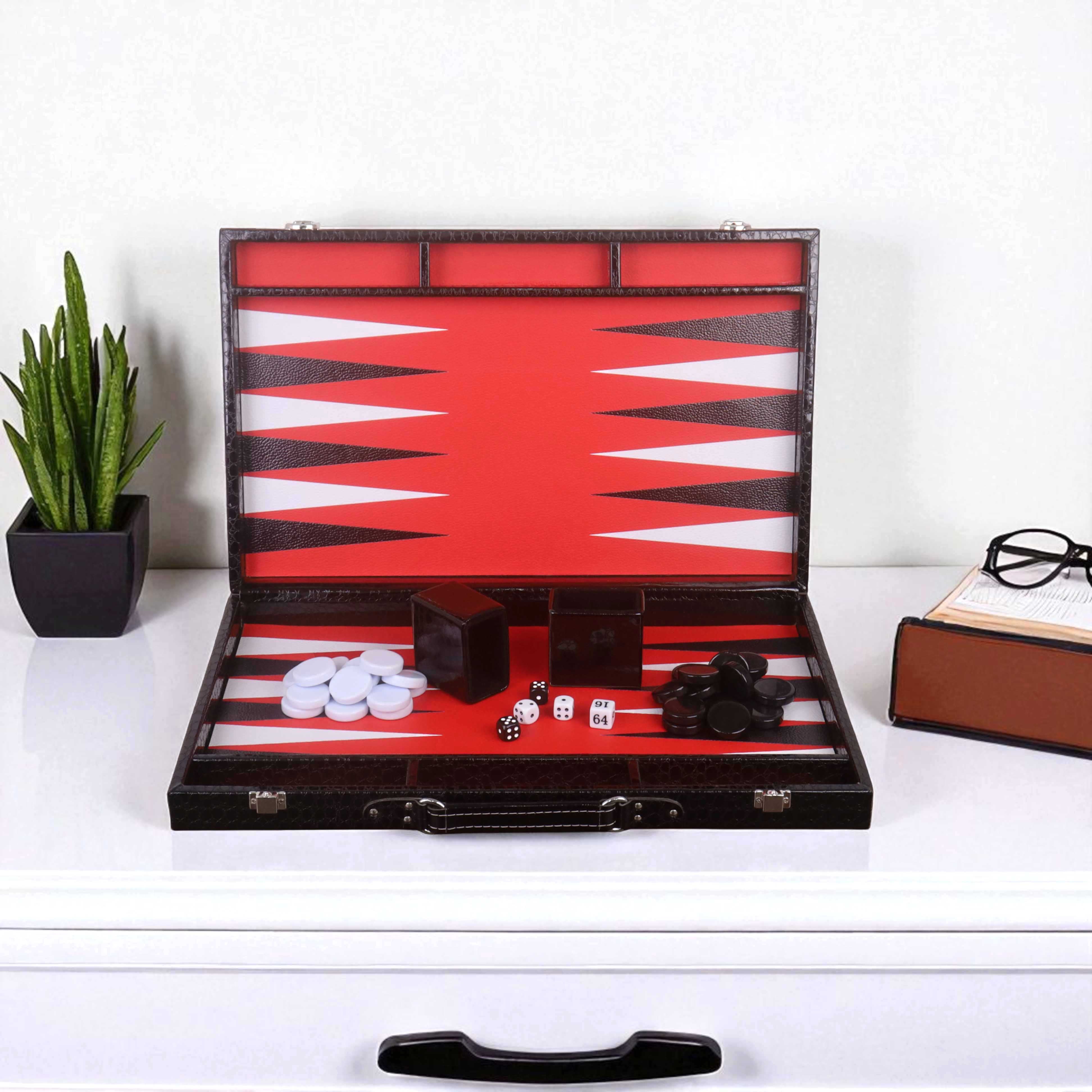 18-inch black leatherette backgammon set open on a table with red and white playing surface.