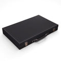 Ebony black leatherette backgammon travel case featuring a sturdy handle and elegant white stitching.