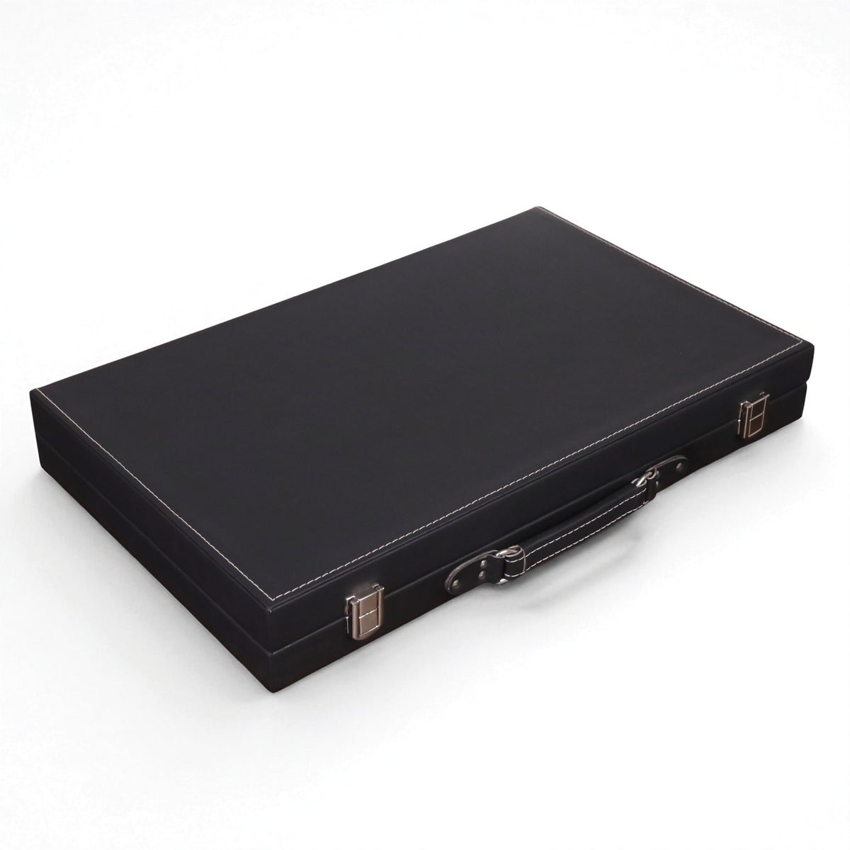 Ebony black leatherette backgammon travel case featuring a sturdy handle and elegant white stitching.