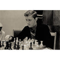 Vintage photo of Bobby Fischer using a Soviet-style chess set, the inspiration for this reproduction.