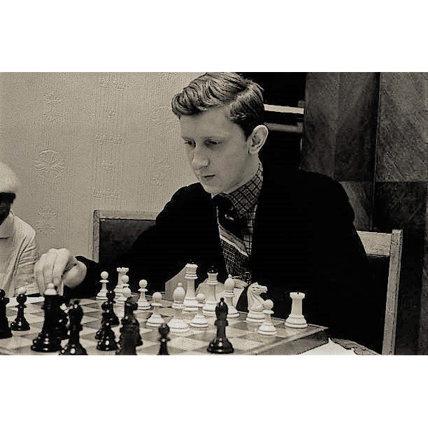 Vintage photo of Bobby Fischer using a Soviet-style chess set, the inspiration for this reproduction.